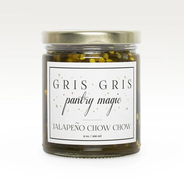 Gris Gris Jalapeno Chow Chow relish in a 9 oz glass jar with a gold lid